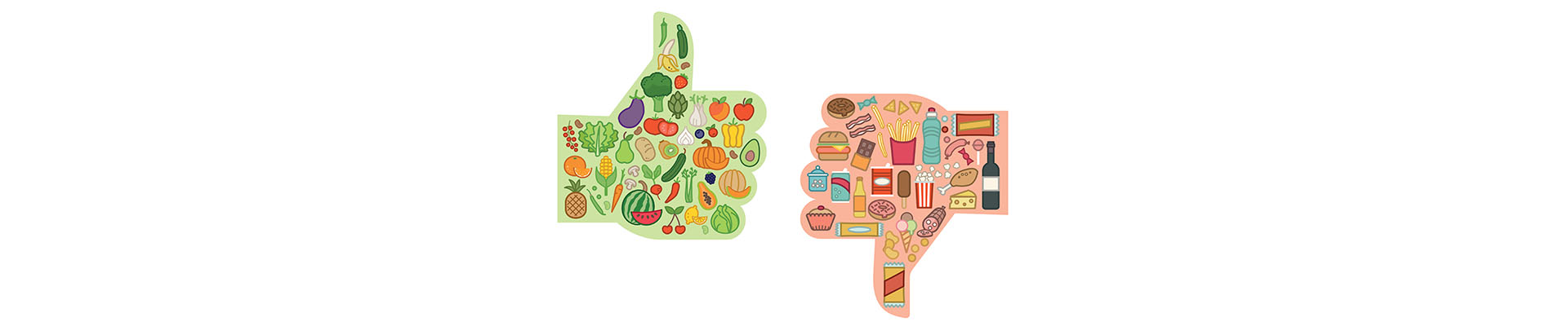 Imagen con una mano dibujada haciendo el símbolo de “bien”, pulgar arriba, y en su interior alimentos saludables para el colesterol. Justo al lado tiene una mano haciendo el símbolo de mal, pulgar abajo, y en su interior alimentos malos y prohibidos para el colesterol.