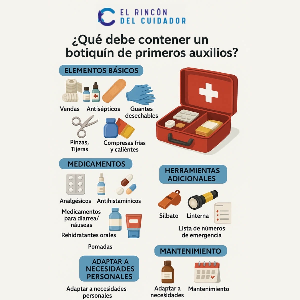 Guía visual de referencia en la que se puede ver todos los elementos más importantes que debe tener sí o sí un botiquín de primeros auxilios.