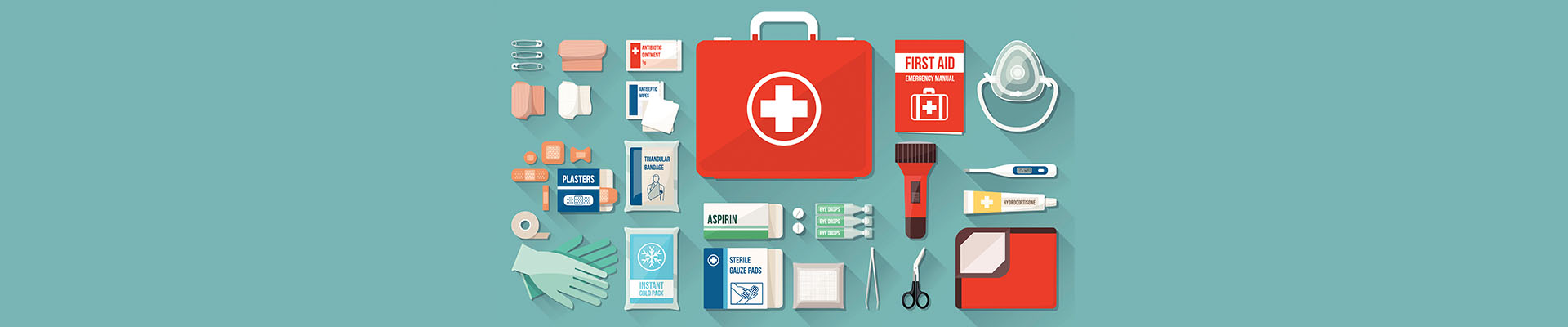 Representación gráfica de un botiquín de primeros auxilios, con todos los esenciales distribuidos por la mesa, linterna, termómetro, gasas, guantes, tiritas, mascarillas, etc. Un botiquín, está pensado para ser útil en cualquier emergencia, pero también te puede servir para limpiar y cuidar una úlcera.