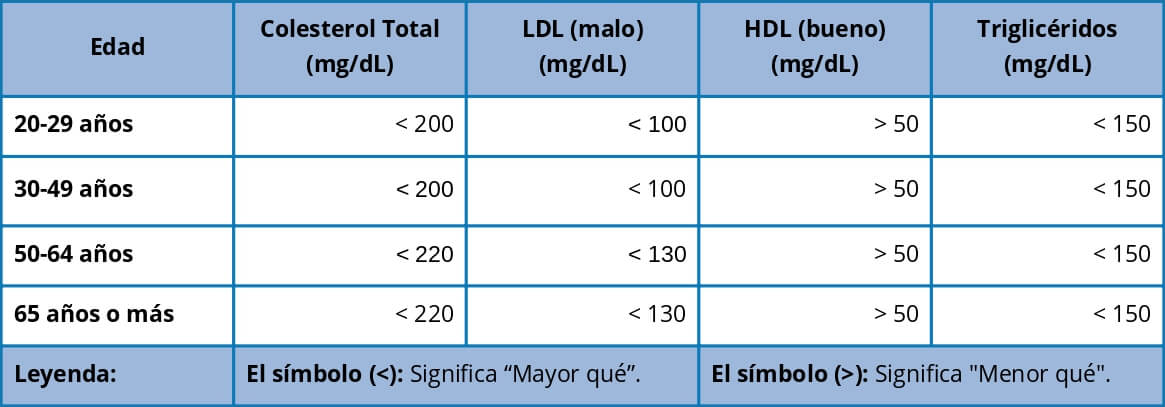 Tabla con los niveles normales y preocupantes de colesterol normal y malo. En las columnas el nivel del tipo de colesterol y en las filas el colesterol en cuestion. Aquí los datos: Edad Colesterol Total (mg/dL) LDL (malo) (mg/dL) HDL (bueno) (mg/dL) Triglicéridos (mg/dL) 20-29 años < 200 < 100 > 50 < 150 30-49 años < 200 < 100 > 50 < 150 50-64 años < 220 < 130 > 50 < 150 65 años o más < 220 < 130 > 50 < 150